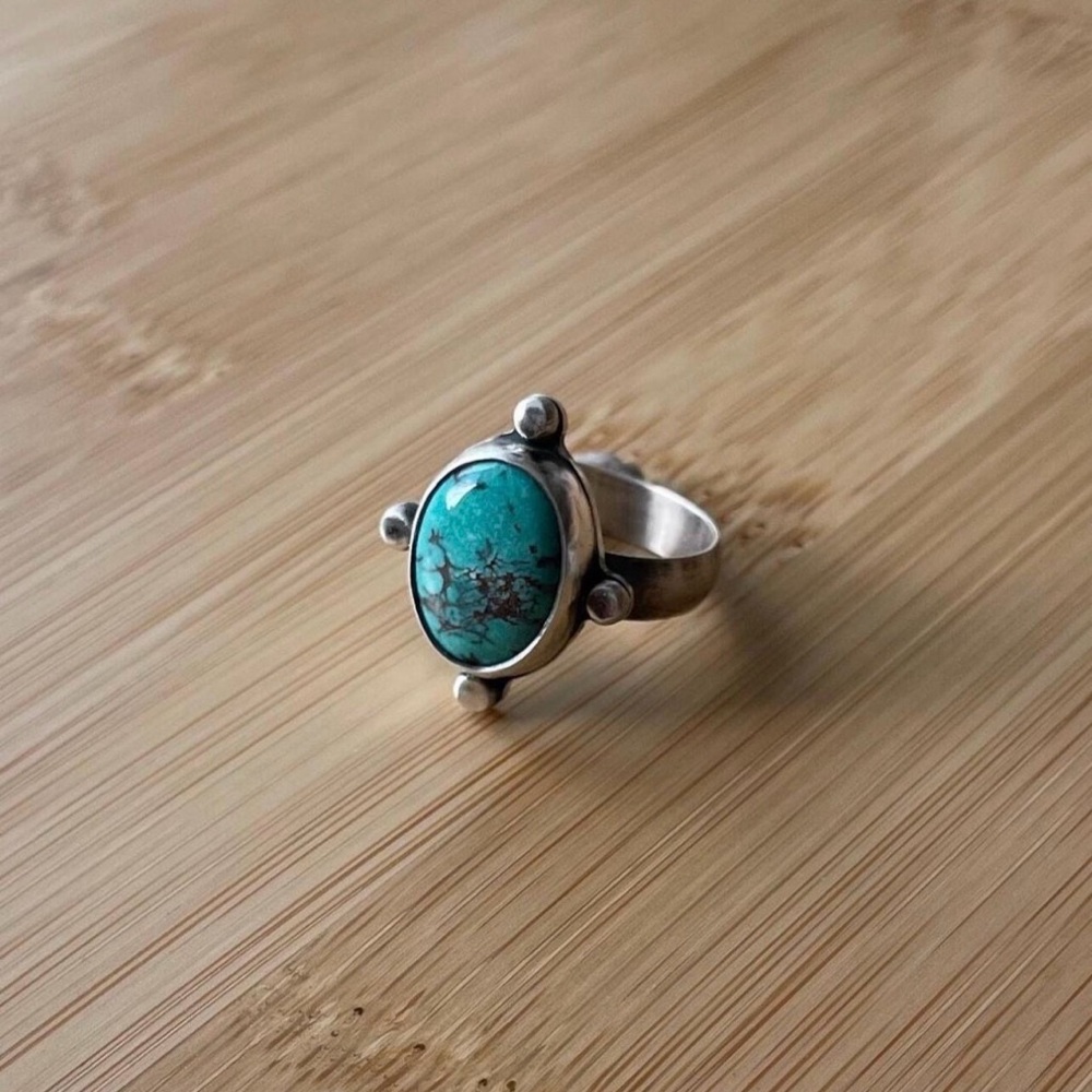 Tibetan Turquoise Oval Ring~Bohemian Style~Festival Jewelry~Sterling Silver.